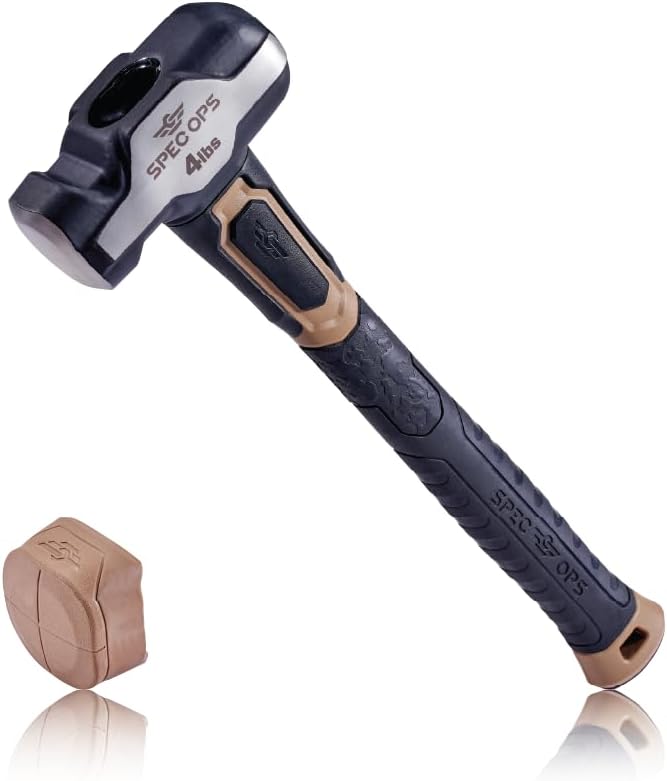 Spec-Ops Tools Engineering Hammer, 4 lb Sledge hammer with Removable Soft Mallet Cap & Bi-Material Shock Absorbing & Vibration Dampening Handle, 3% Donated to Veterans, Black/Tan - Image 1